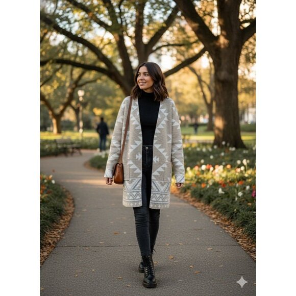 Frye Womens Geometric Southwestern Beige Cream Cardigan Sz L Oversized Mid - Picture 1 of 5